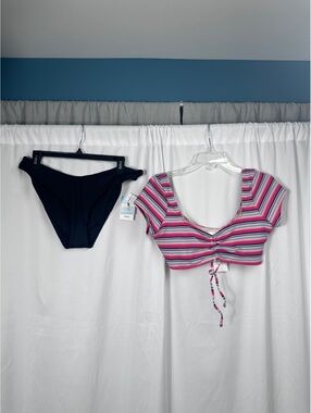 Roxy Swim Two-Piece Bikini Set Striped Crop XL Black Cheeky Bottoms Large
